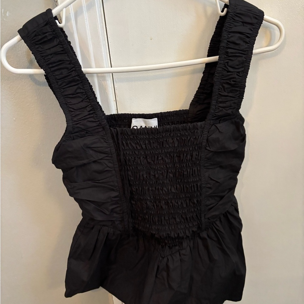 Ganni Black Smocked Sleeveless Tank Top